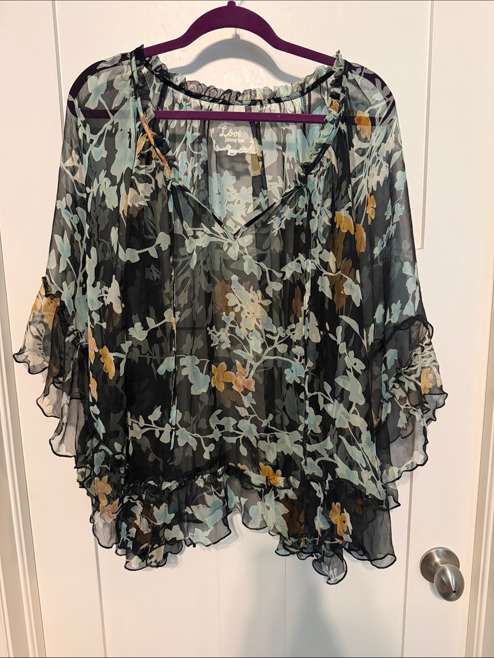 Johnny Was 4 Love and Liberty Sheer 100% Silk Slightly Cropped Floral Blouse